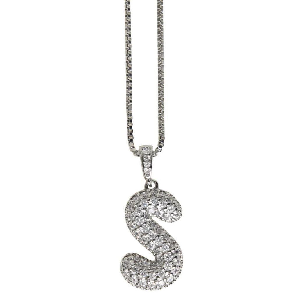 BUBBLE LETTER INITIAL NECKLACE SILVER