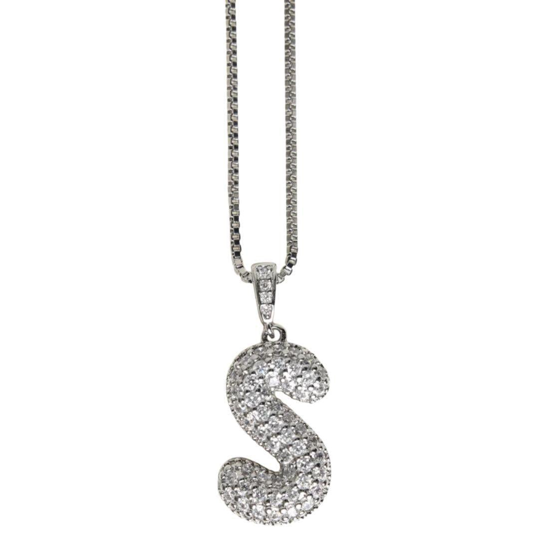 BUBBLE LETTER INITIAL NECKLACE SILVER