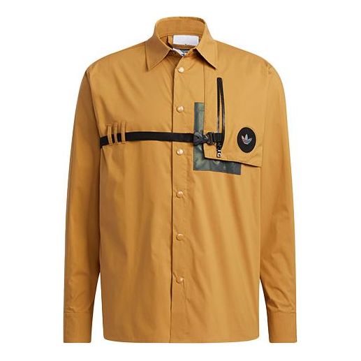Men's adidas originals Prem Wvn Lshirt Lapel Chest Long Sleeves Wheat Brown Shirt H58072